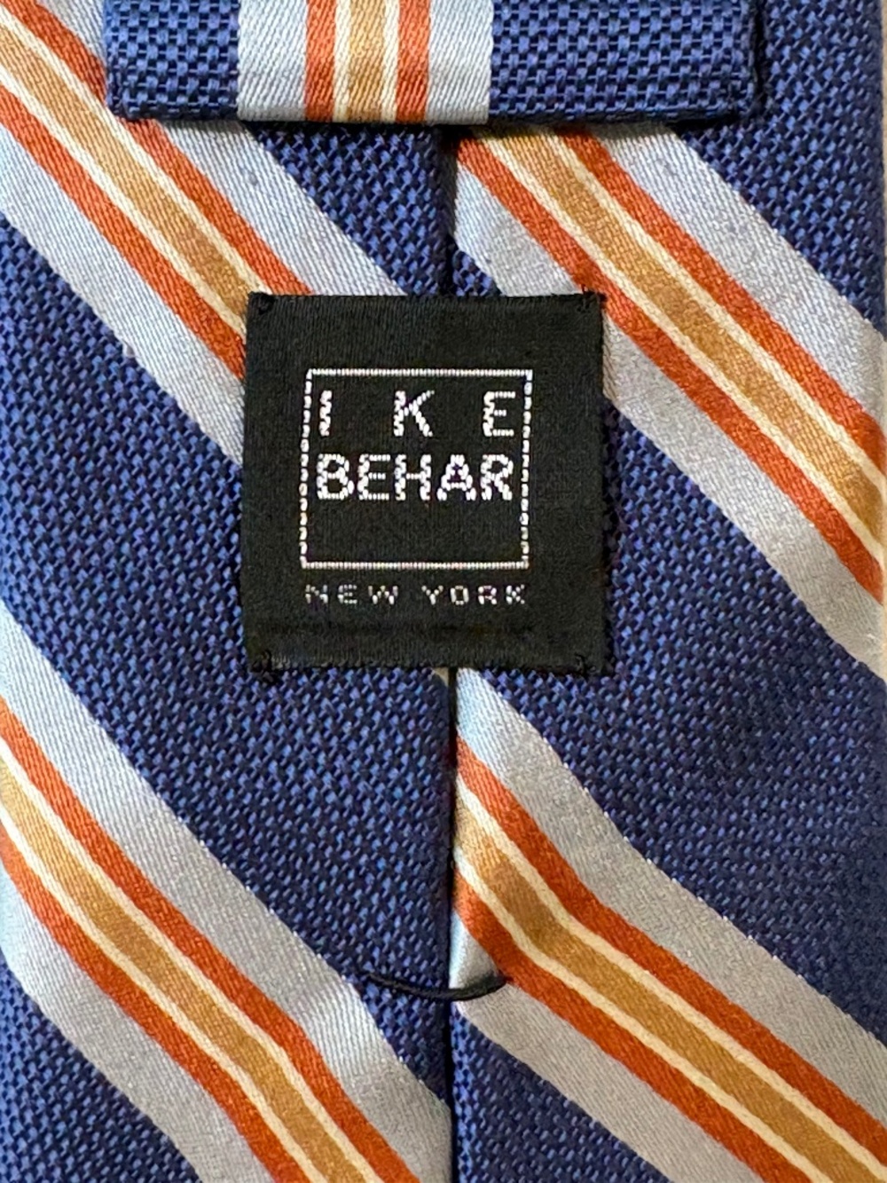 Ike Behar NY Men’s Silk Cotton Blend Striped Tie Wide Blue Orange USA